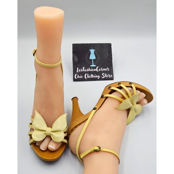 Moschino Women's Yellow Leather Ankle Strap Wooden Platform Sandal Sz 6 2694 - Picture 12 of 16